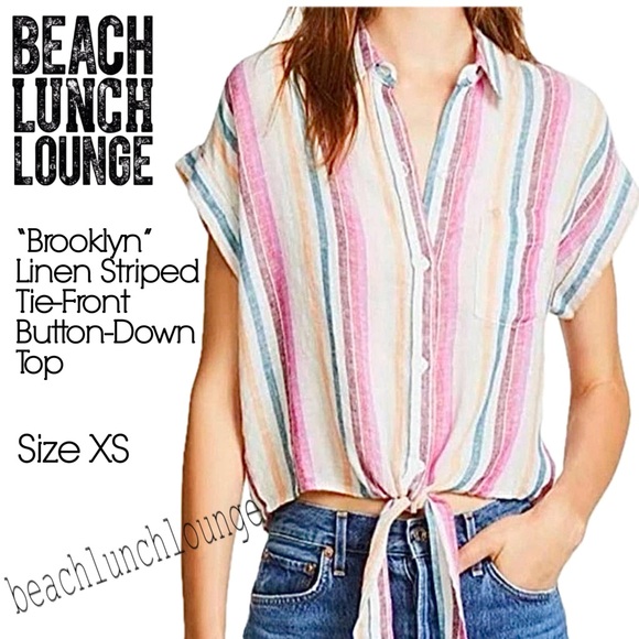 beachlunchlounge Tops - Beach Lunch Lounge Linen Rainbow Brooklyn Womens Stripe Tie-Front Button-DownTop